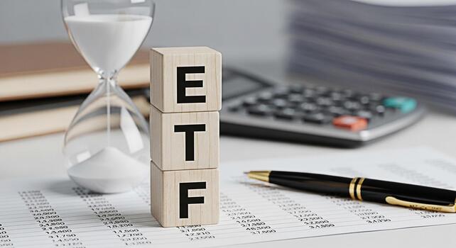 Wooden blocks spelling ETF resting on financial data sheets in a bright office symbolizing investment strategy and time management for achieving financial goals with precision and efficiency photo