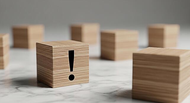 de madera bloquear mostrando un exclamación marca en un mármol superficie rodeado por otro bloques simbolizando urgencia y atención a detalle en un minimalista y limpiar ambiente creando un sentido de importa foto