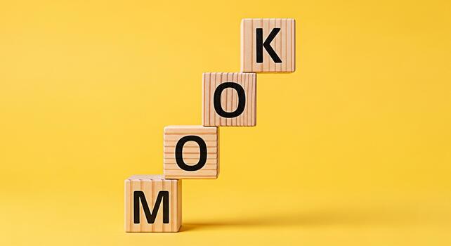 Wooden blocks spelling Mook stacked on a vibrant yellow background symbolizing learning and growth creating a playful and educational atmosphere with a focus on early childhood development and languag photo