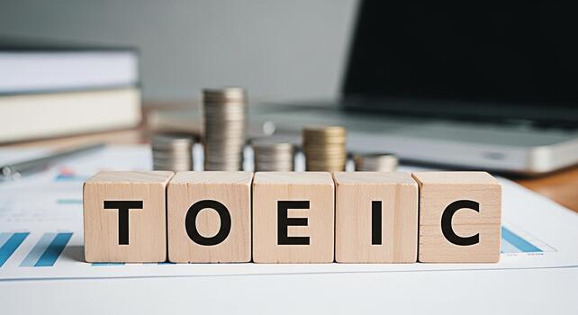 Wooden blocks spelling TOEIC on a financial report in a bright office setting symbolizing the importance of English proficiency for career advancement and global business success creating a mood of am photo
