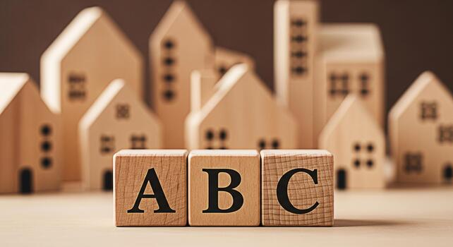 Wooden ABC blocks spelling in front of miniature wooden houses representing the foundations of education and building a future symbolizing learning growth and community in a warm inviting setting photo