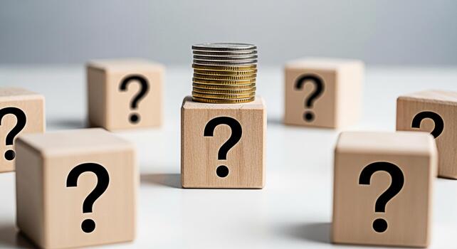 apilar de monedas sentado en un de madera bloquear con un pregunta marca rodeado por otro pregunta marca bloques en un blanco superficie representando financiero incertidumbre y inversión decisiones en un minimalista se foto