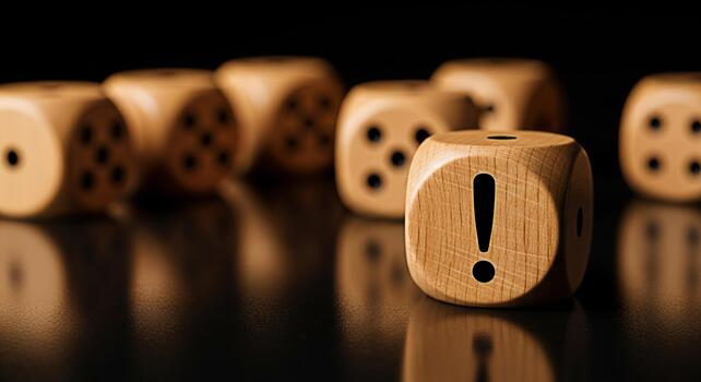 Wooden dice with an exclamation mark standing out among other dice on a reflective black surface symbolizing risk attention and decisionmaking in a game of chance with a sense of urgency and importanc photo
