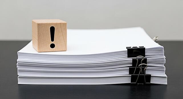 Wooden block with exclamation mark resting on a stack of papers secured with binder clips on a dark table symbolizing urgent tasks important documents and deadline reminders in an office setting photo