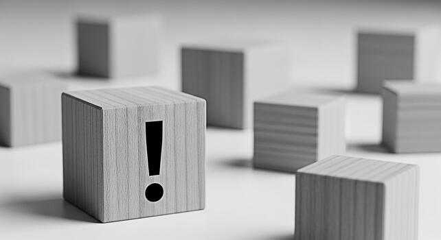 Wooden blocks displaying an exclamation mark on a white surface symbolizing attention and warning in a minimalist and conceptual setting creating a sense of urgency and importance photo