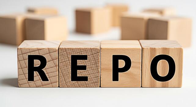 Wooden blocks spelling REPO on a white surface representing repurchase agreements and financial transactions in a clean minimalist setting conveying concepts of finance investment and banking photo