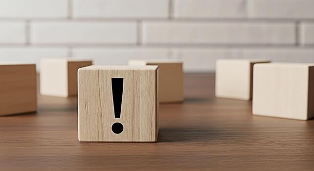 Wooden block displaying an exclamation mark standing out on a wooden table against a blurred brick wall symbolizing attention warning and the importance of problemsolving in a business context photo