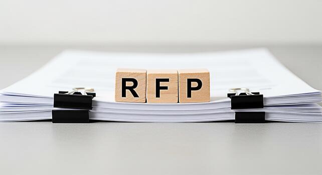Wooden blocks spelling RFP resting on a stack of documents secured with binder clips on a gray desk symbolizing a request for proposal process and the importance of clear communication photo