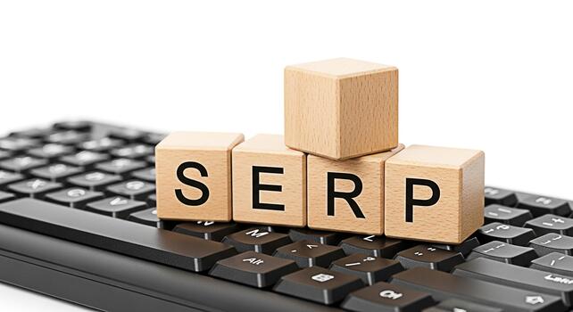 Wooden blocks spelling SERP placed on a black computer keyboard representing search engine optimization strategies and the importance of online visibility for business growth and success photo