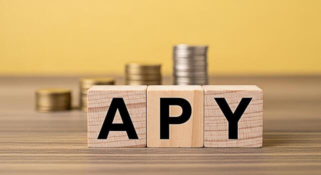 Wooden blocks spelling APY on a wooden surface with stacks of coins in the background representing annual percentage yield and financial growth in a simple and clear presentation photo