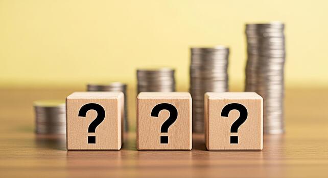 Three wooden blocks displaying question marks in front of stacks of coins on a wooden surface symbolizing financial uncertainty and investment decisions in a challenging economic environment photo