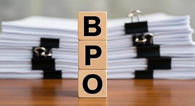 Wooden blocks spelling BPO in a bright office environment representing business process outsourcing efficiency and streamlined operations for enhanced productivity and cost savings in the modern workp photo