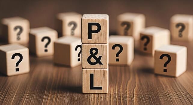 Wooden blocks displaying PL surrounded by question mark blocks on a wooden surface representing financial uncertainty and the need for profit and loss analysis in a challenging business environment photo