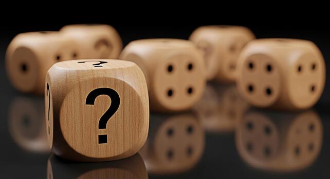 de madera dado con un pregunta marca cara descansando en un reflexivo superficie entre otro dado simbolizando incertidumbre riesgo y el necesitar para Toma de decisiones en negocio y vida creando un misterioso estado animico foto