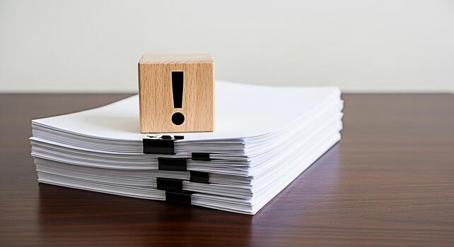 Urgent documents A wooden block with an exclamation mark sits atop a stack of papers secured with binder clips on a dark wooden desk symbolizing important tasks and deadlines in a busy office environm photo