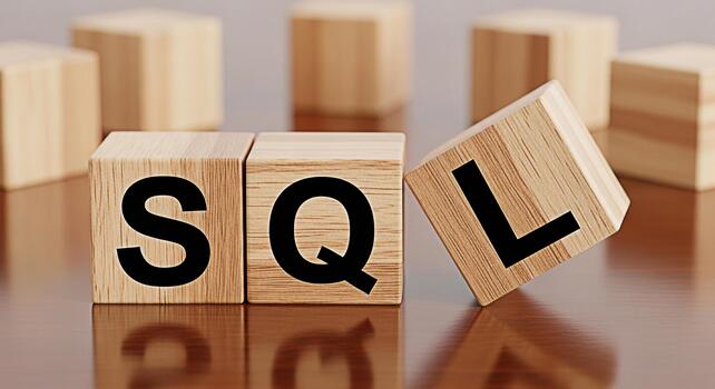Wooden blocks spelling SQL on a reflective wooden surface representing database management and data querying conveying a concept of structured data and information technology in a clean and modern set photo