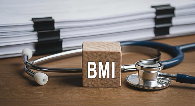 Wooden block displaying BMI next to a stethoscope and medical documents on a wooden desk symbolizing health assessment and awareness in a clinical setting creating a mood of medical precision photo
