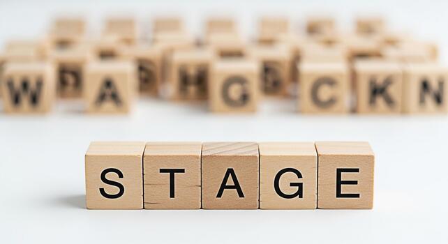 de madera bloques ortografía fuera etapa en un blanco superficie representando Progreso y desarrollo en un limpiar minimalista ajuste transporte un sentido de logro y adelante movimiento foto