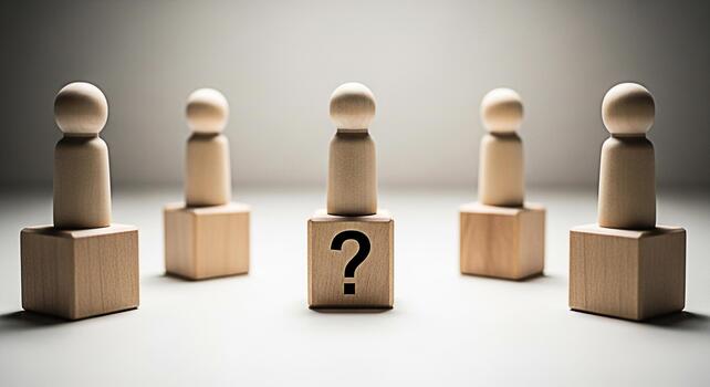 Wooden figurines standing on blocks in a bright studio one with a question mark representing uncertainty decisionmaking and the challenge of choosing the right path in business or life photo