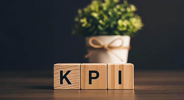 Wooden blocks displaying KPI on a dark wooden surface with a blurred potted plant in the background representing key performance indicators and business success in a professional setting photo