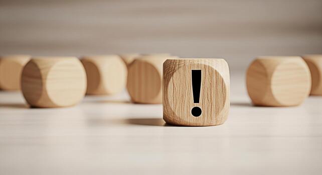 Wooden cube displaying an exclamation mark standing out from the crowd on a bright surface symbolizing attention warning and the importance of problemsolving in a minimalist and conceptual composition photo