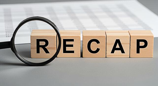 Magnifying glass inspecting wooden blocks spelling RECAP on a gray surface symbolizing a review and summary of business data for strategic planning and performance analysis in a corporate environment photo
