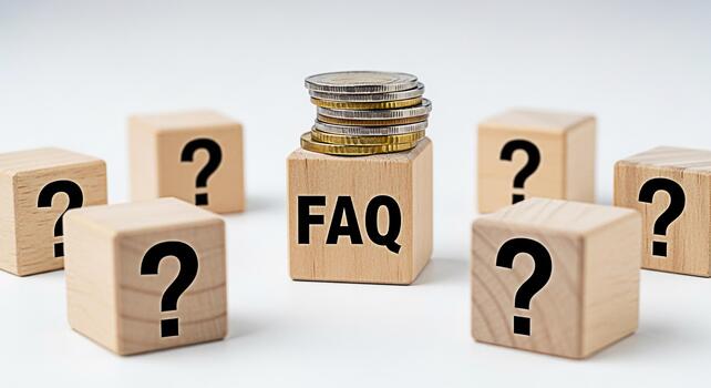 Stack of coins sitting atop a wooden block labeled FAQ surrounded by question mark blocks on a clean white surface representing frequently asked questions and financial inquiries with a sense of clari photo