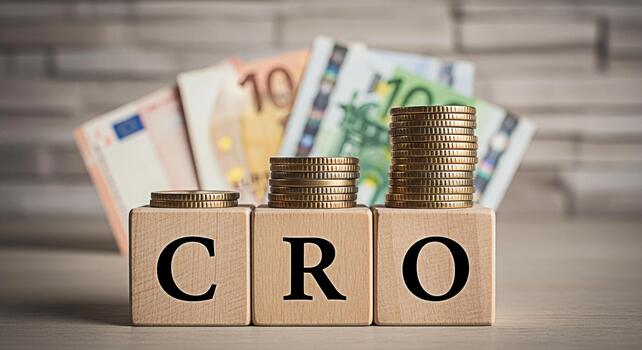 Wooden blocks spelling CRO with ascending stacks of coins and Euro banknotes in the background representing Conversion Rate Optimization and financial growth in a business setting conveying a sense of photo