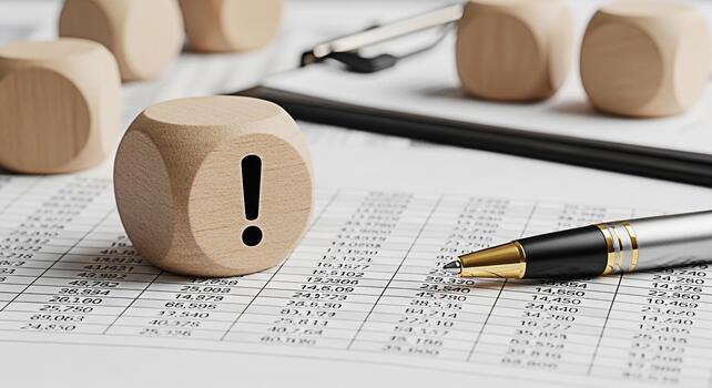 Wooden block with exclamation mark sitting on a financial report with a pen representing a critical business issue or urgent task requiring immediate attention in a datadriven environment photo