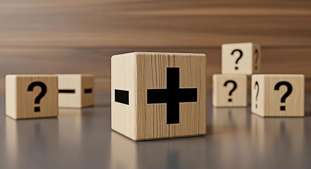 Wooden blocks displaying plus minus and question mark symbols on a reflective surface creating a concept of choices uncertainty and mathematical operations in a minimalist setting photo