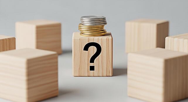 Wooden block displaying a question mark with a stack of coins on top surrounded by other blocks representing financial uncertainty and the need for investment decisions in a minimalist setting photo