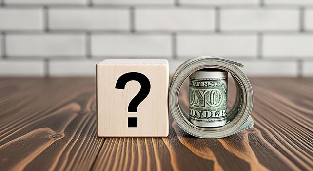 de madera bloquear con un pregunta marca sentado siguiente a un rodar de nosotros dólar cuentas en un de madera mesa simbolizando financiero incertidumbre y inversión decisiones en un moderno minimalista ajuste foto