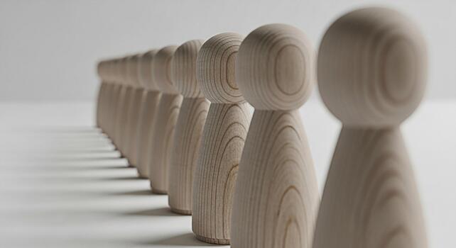 Wooden figurines standing in a row on a white surface representing unity teamwork and the importance of standing together in a minimalist and clean environment symbolizing cooperation and strength photo