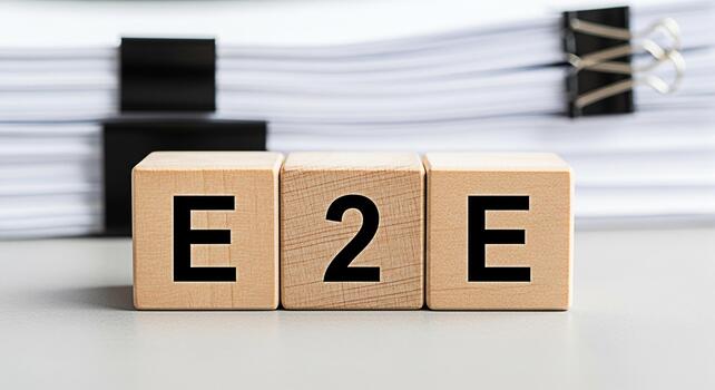 Wooden blocks displaying E2E in a business setting with a stack of documents representing endtoend solutions efficiency and a streamlined process for enhanced productivity and seamless workflow photo