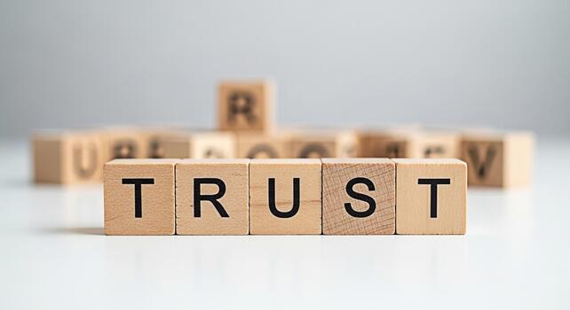 Wooden blocks spelling TRUST on a white surface symbolizing reliability and confidence creating a sense of security and assurance in a bright clean environment ideal for business and personal relation photo