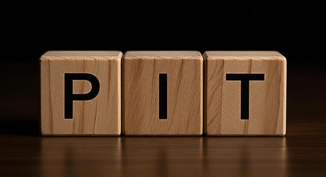 Wooden blocks spelling PIT on a dark wooden surface symbolizing challenges and obstacles in a dimly lit environment creating a serious and contemplative mood photo