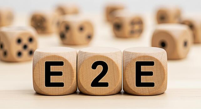 Wooden dice spelling out E2E on a light wooden surface symbolizing endtoend processes and solutions in a business environment conveying a message of completeness and integration for efficiency and suc photo