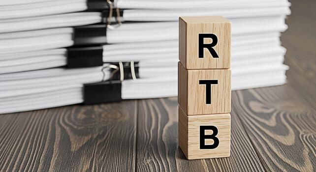 Wooden blocks spelling RTB sitting on a wooden desk in front of a stack of documents representing RealTime Bidding and programmatic advertising in a business and technology environment conveying effic photo