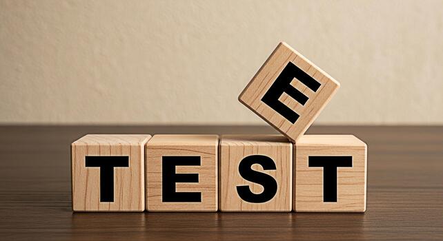 Wooden blocks spelling TEST with the letter E being placed on top in a bright studio setting symbolizing examination assessment and the importance of quality control in education and business photo