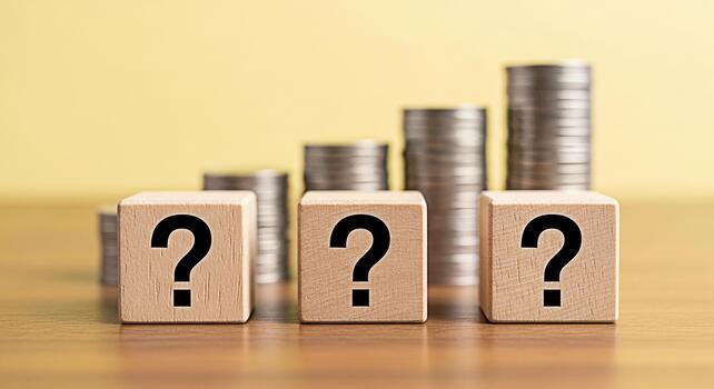 de madera bloques mostrando pregunta marcas en frente de pilas de monedas en un de madera superficie simbolizando financiero incertidumbre y inversión decisiones en un desafiante económico ambiente foto