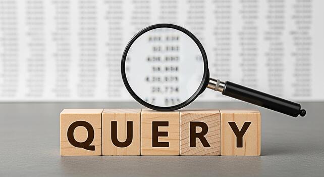Magnifying glass inspecting the word QUERY spelled out with wooden blocks in a bright studio representing data analysis information retrieval and the importance of asking the right questions photo