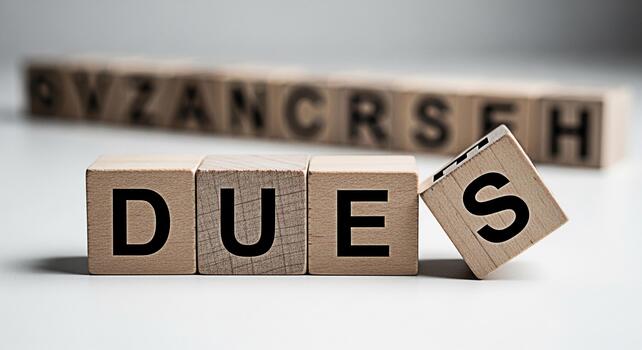 Wooden blocks spelling DUES on a white surface with a focus on financial obligations and responsibilities creating a serious and contemplative mood in a clean minimalist setting photo