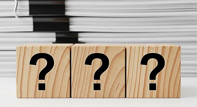 Three wooden blocks displaying question marks against a blurred stack of documents symbolizing uncertainty inquiry and the need for answers in business and decisionmaking processes photo