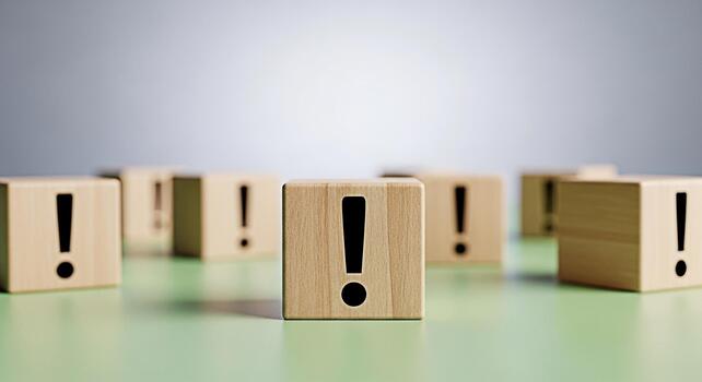 Wooden blocks displaying exclamation points on a green surface symbolizing urgent attention and highlighting critical issues in a bright minimalist studio setting conveying a sense of alert and import photo