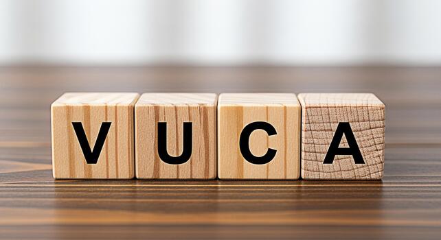 Wooden blocks spelling VUCA on a wooden table representing Volatility Uncertainty Complexity and Ambiguity in a business environment symbolizing challenges and strategic planning for success photo