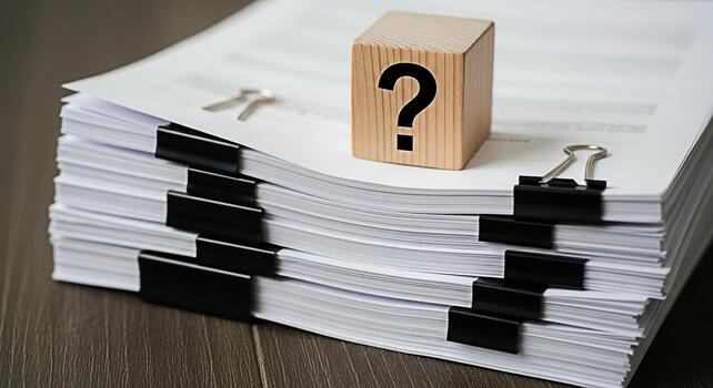 Wooden block with a question mark resting on a stack of documents on a wooden desk representing uncertainty and the need for answers in business and paperwork management photo