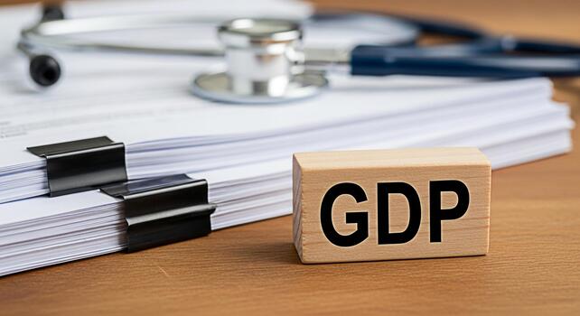 GDP block resting on a wooden table with a stethoscope and a stack of documents representing economic health and financial analysis in a healthcare setting conveying a sense of importance and scrutiny photo