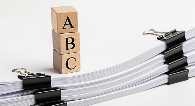 Stack of documents with wooden blocks displaying ABC on a white background representing basic concepts education and organization in a clean minimalist office setting conveying simplicity and clarity photo