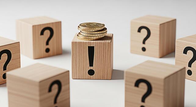 apilar de euro monedas sentado en un de madera bloquear con un exclamación marca rodeado por pregunta marca bloques en un blanco superficie representando financiero soluciones y resolver problemas en un brillante minimalista conjunto foto
