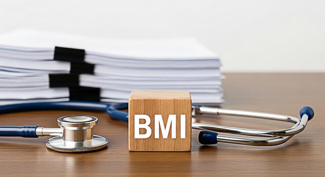 Wooden block displaying BMI with a stethoscope and medical documents on a wooden desk representing body mass index calculation in a healthcare setting emphasizing health awareness and medical assessme photo